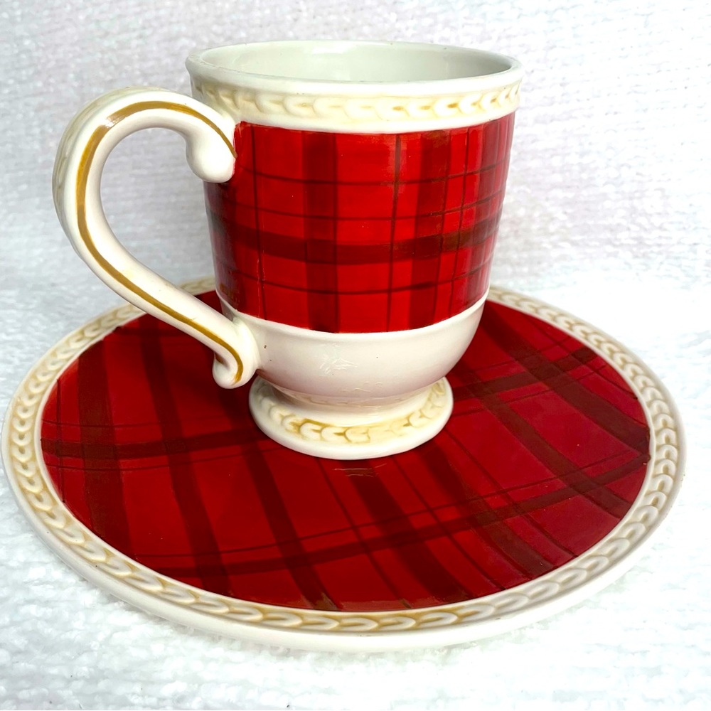 Fitz & Floyd Town & Country Plaid Salad Plate Mug Red Ivory Dinnerware Serveware